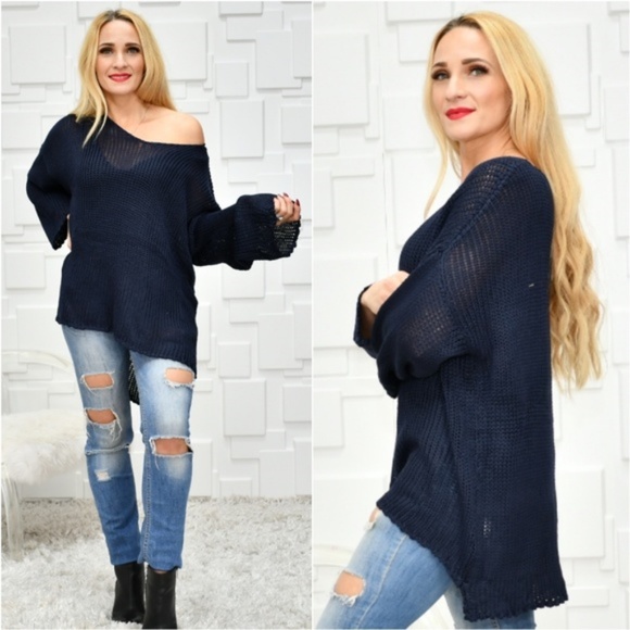 TOP NAVY BLUE KNIT SWEATER TOP - Picture 2 of 3